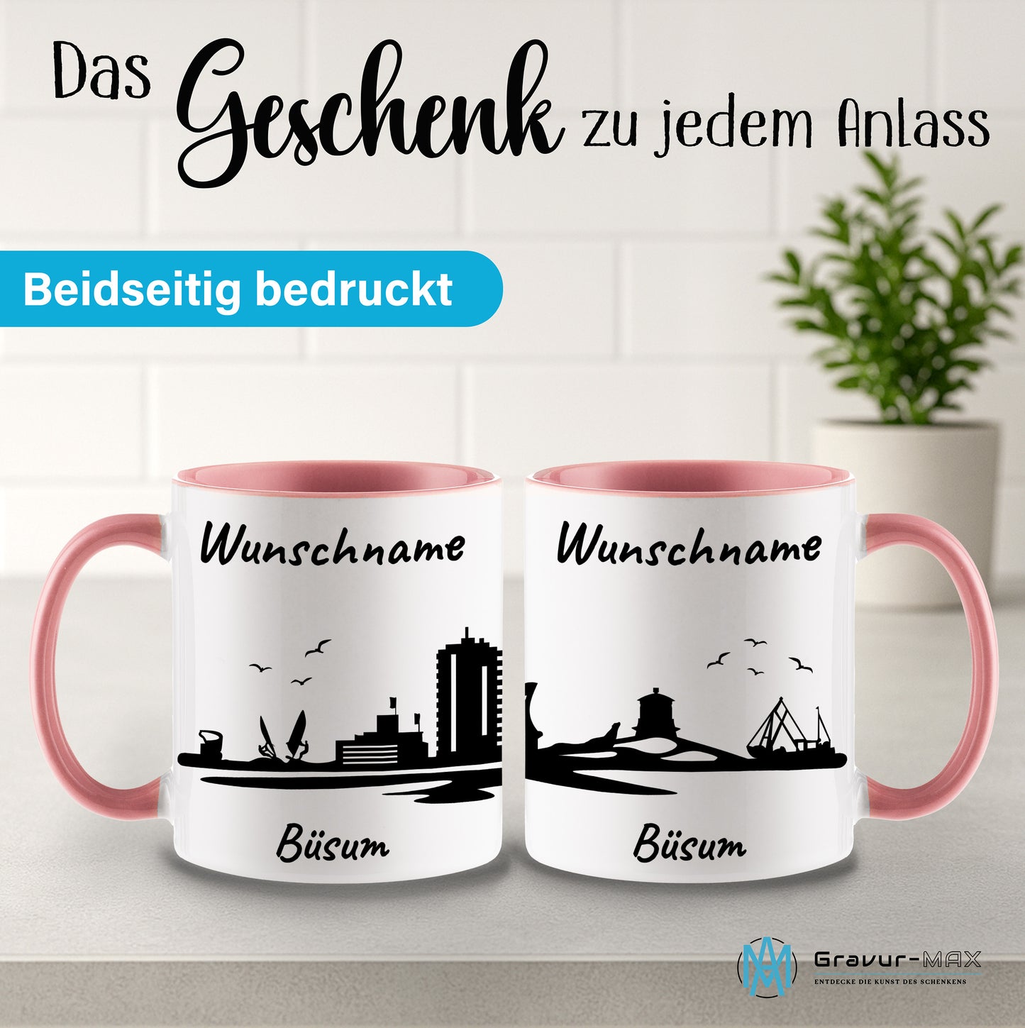 Tasse in Rosa 330ml bedruckt mit der Skyline von Büsum personalisierbar mit Wunschname