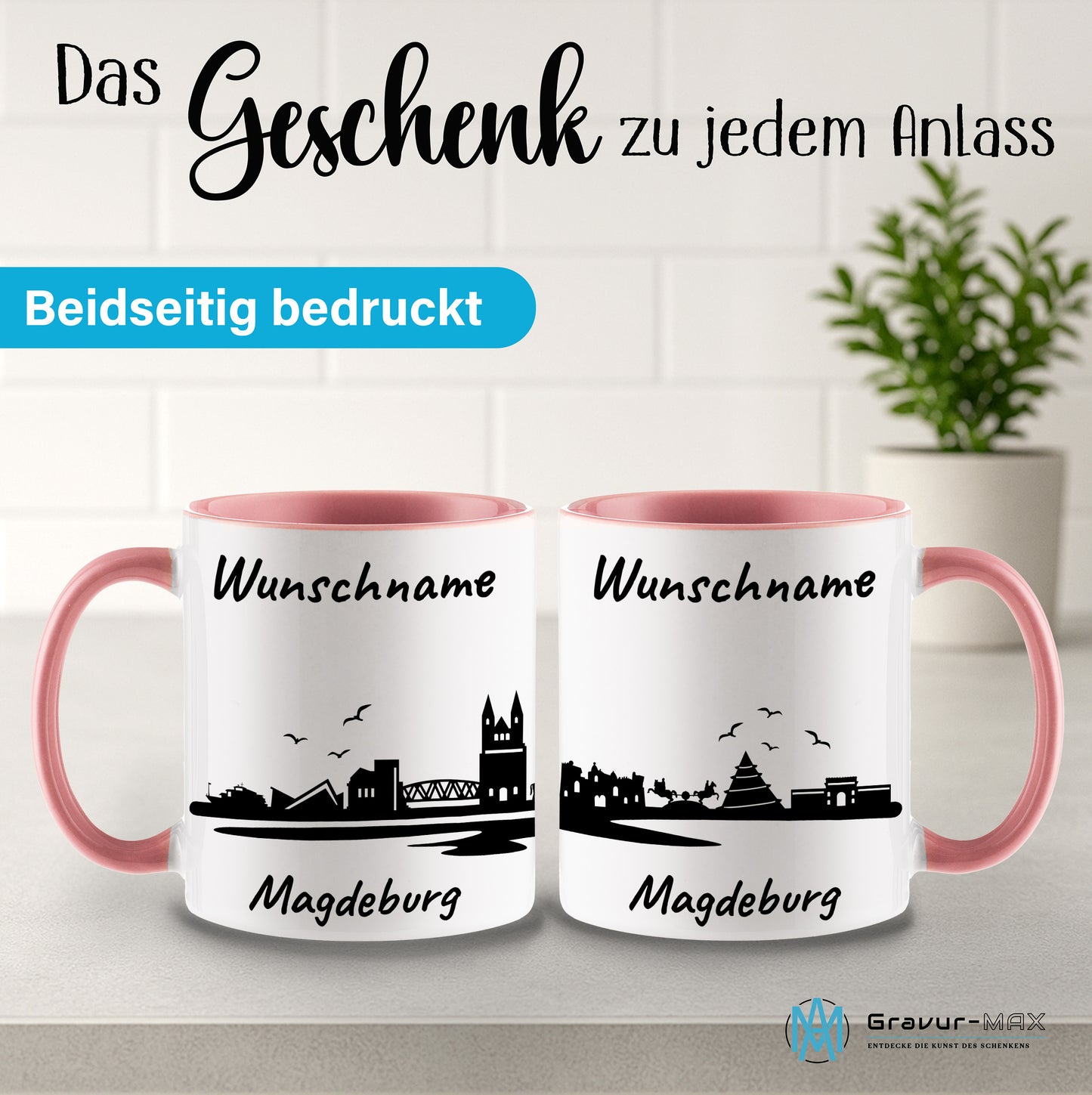 Tasse in Rosa 330ml bedruckt mit der Skyline von Magdeburg personalisierbar mit Wunschname