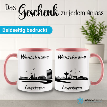 Tasse in Rosa 330ml bedruckt mit der Skyline von Leverkusen personalisierbar mit Wunschname