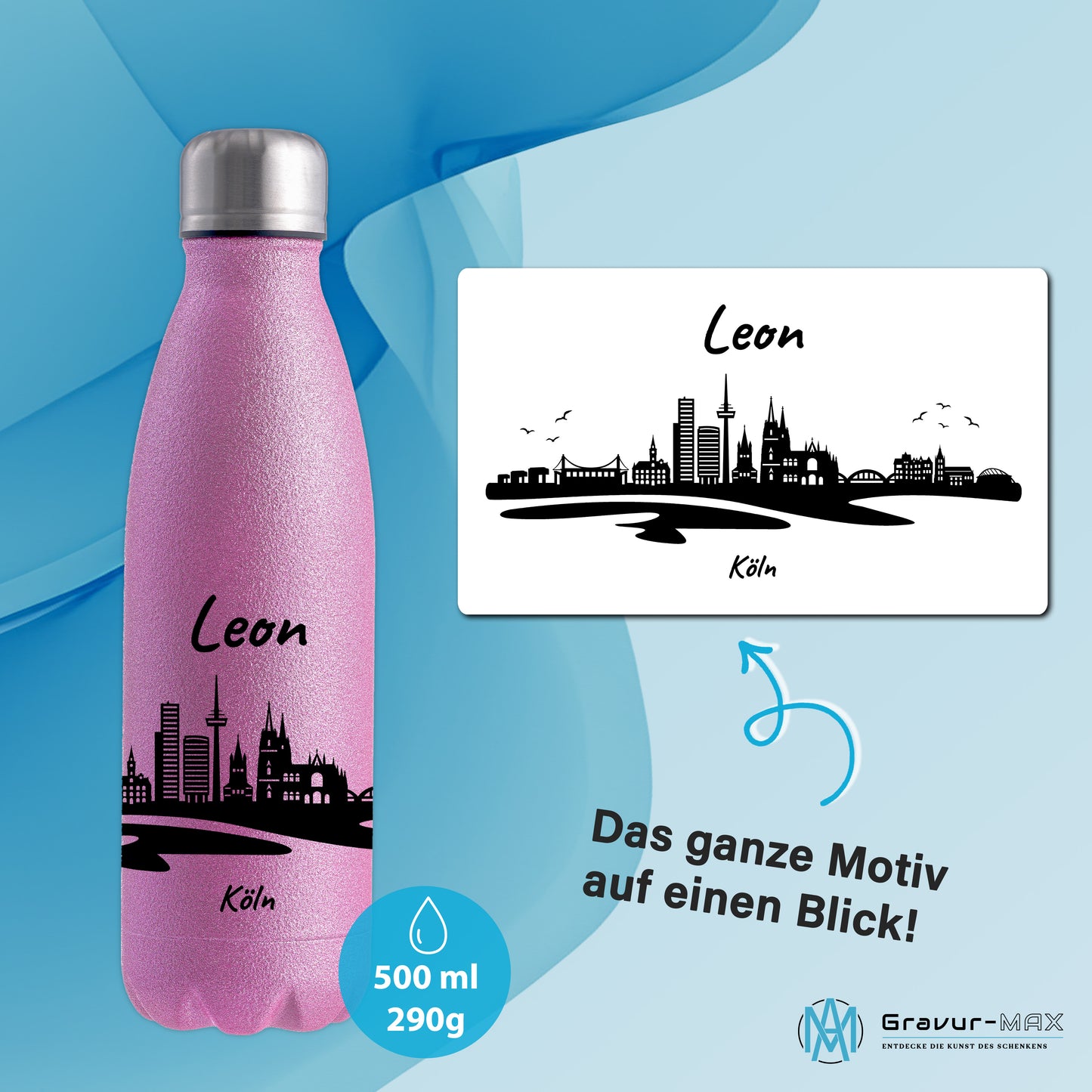 Glitzer Trinkflasche in Rosa 500ml aus Edelstahl bedruckt mit der Skyline von Köln personalisierbar mit Wunschname