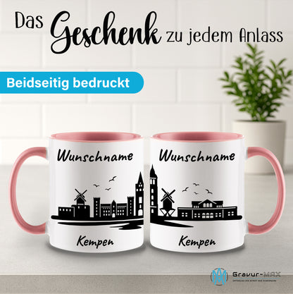 Tasse in Rosa 330ml bedruckt mit der Skyline von Kempen personalisierbar mit Wunschname