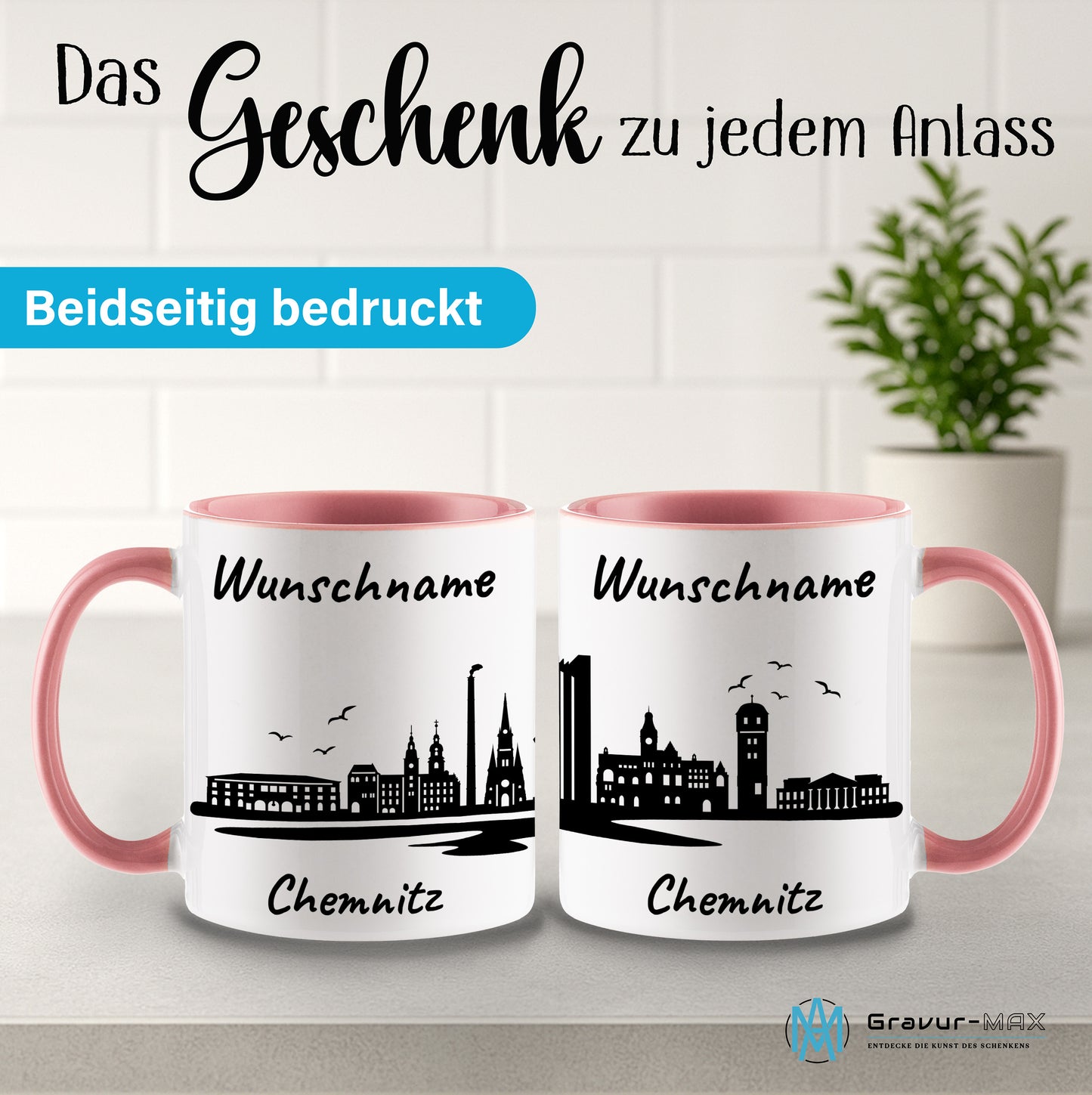Tasse in Rosa 330ml bedruckt mit der Skyline von Chemnitz personalisierbar mit Wunschname