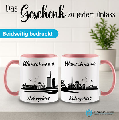 Tasse in Rosa 330ml bedruckt mit der Skyline von Ruhrgebiet personalisierbar mit Wunschname