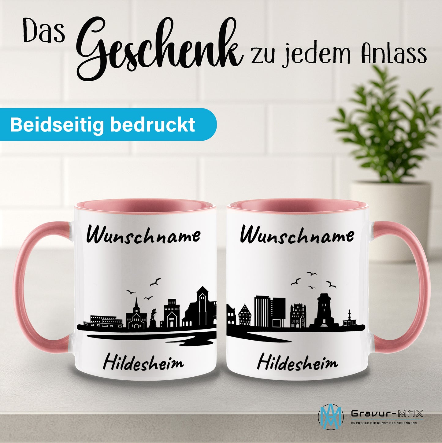 Tasse in Rosa 330ml bedruckt mit der Skyline von Hildesheim personalisierbar mit Wunschname