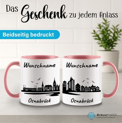Tasse in Rosa 330ml bedruckt mit der Skyline von Osnabrück personalisierbar mit Wunschname