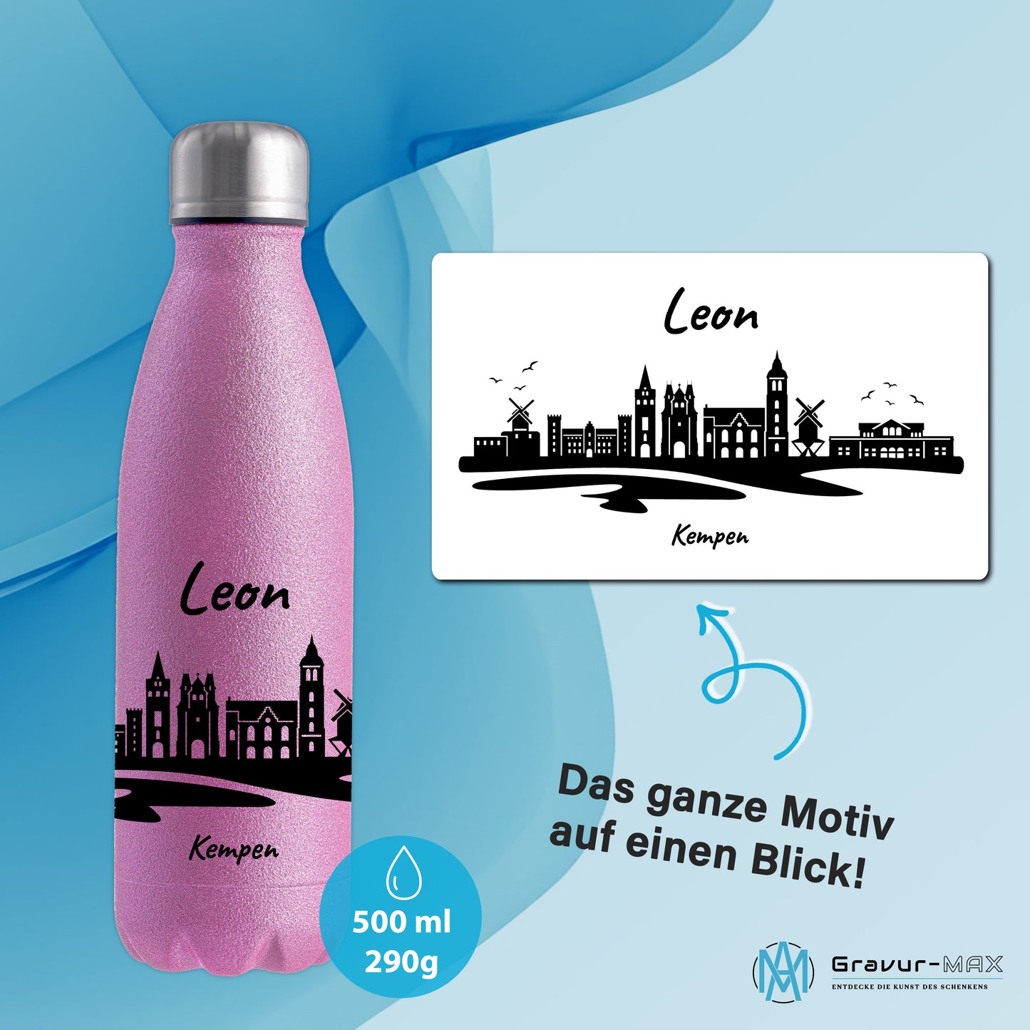Glitzer Trinkflasche in Rosa 500ml aus Edelstahl bedruckt mit der Skyline von Kempen personalisierbar mit Wunschname