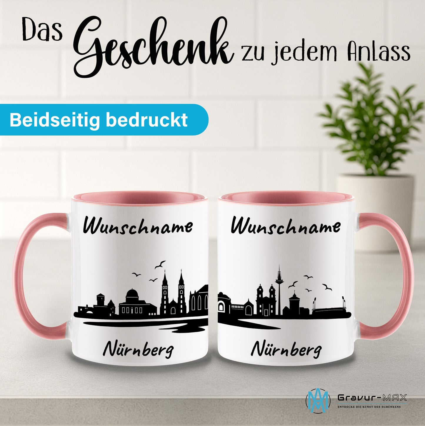 Tasse in Rosa 330ml bedruckt mit der Skyline von Nürnberg personalisierbar mit Wunschname