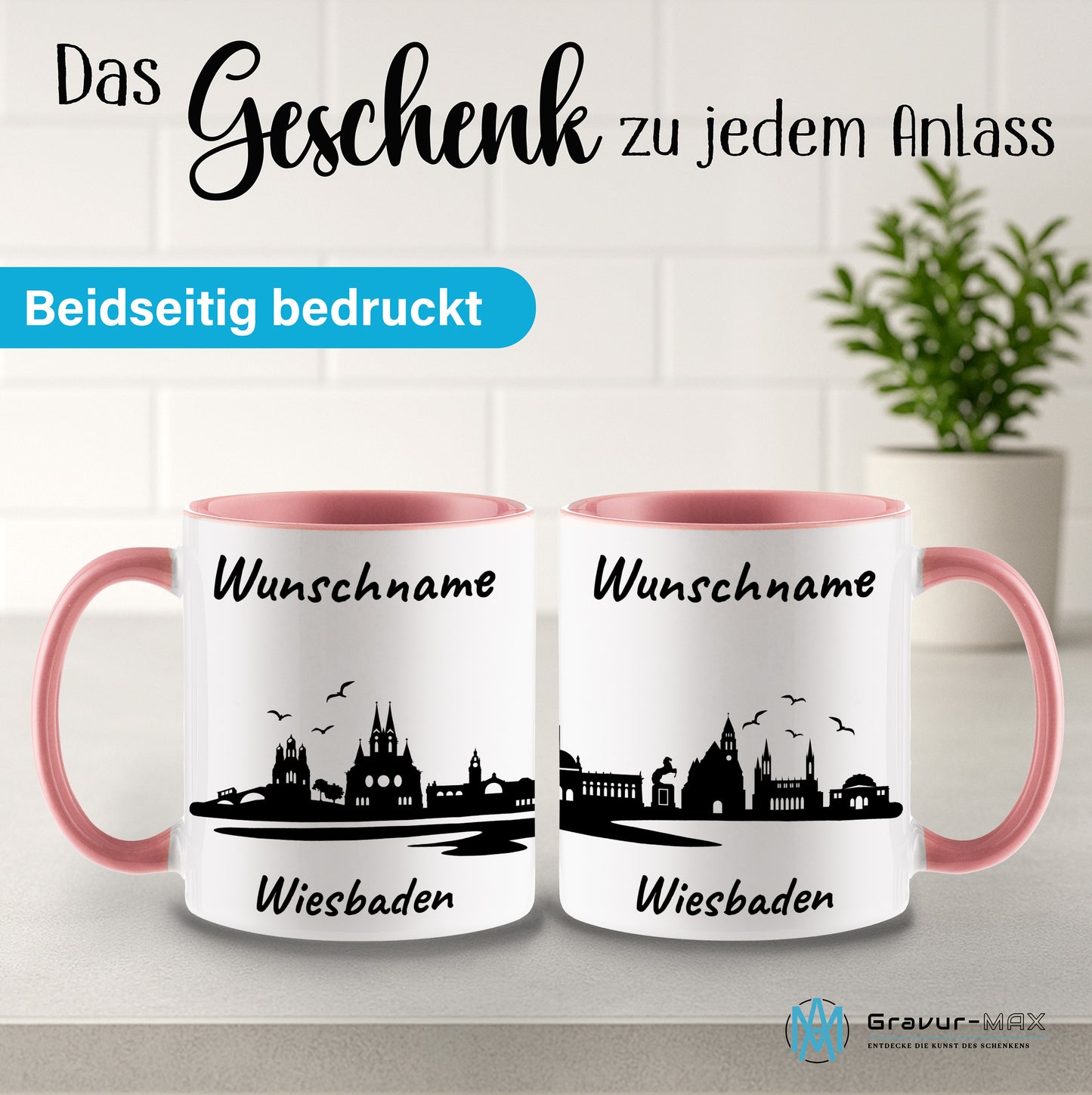 Tasse in Rosa 330ml bedruckt mit der Skyline von Wiesbaden personalisierbar mit Wunschname