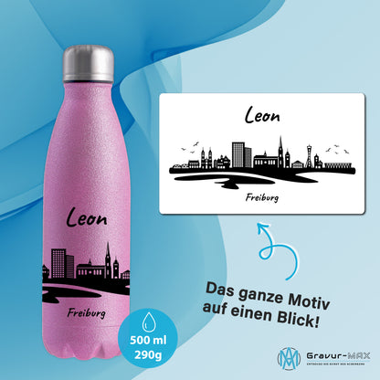 Glitzer Trinkflasche in Rosa 500ml aus Edelstahl bedruckt mit der Skyline von Freiburg personalisierbar mit Wunschname