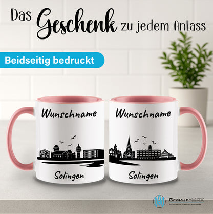 Tasse in Rosa 330ml bedruckt mit der Skyline von Solingen personalisierbar mit Wunschname