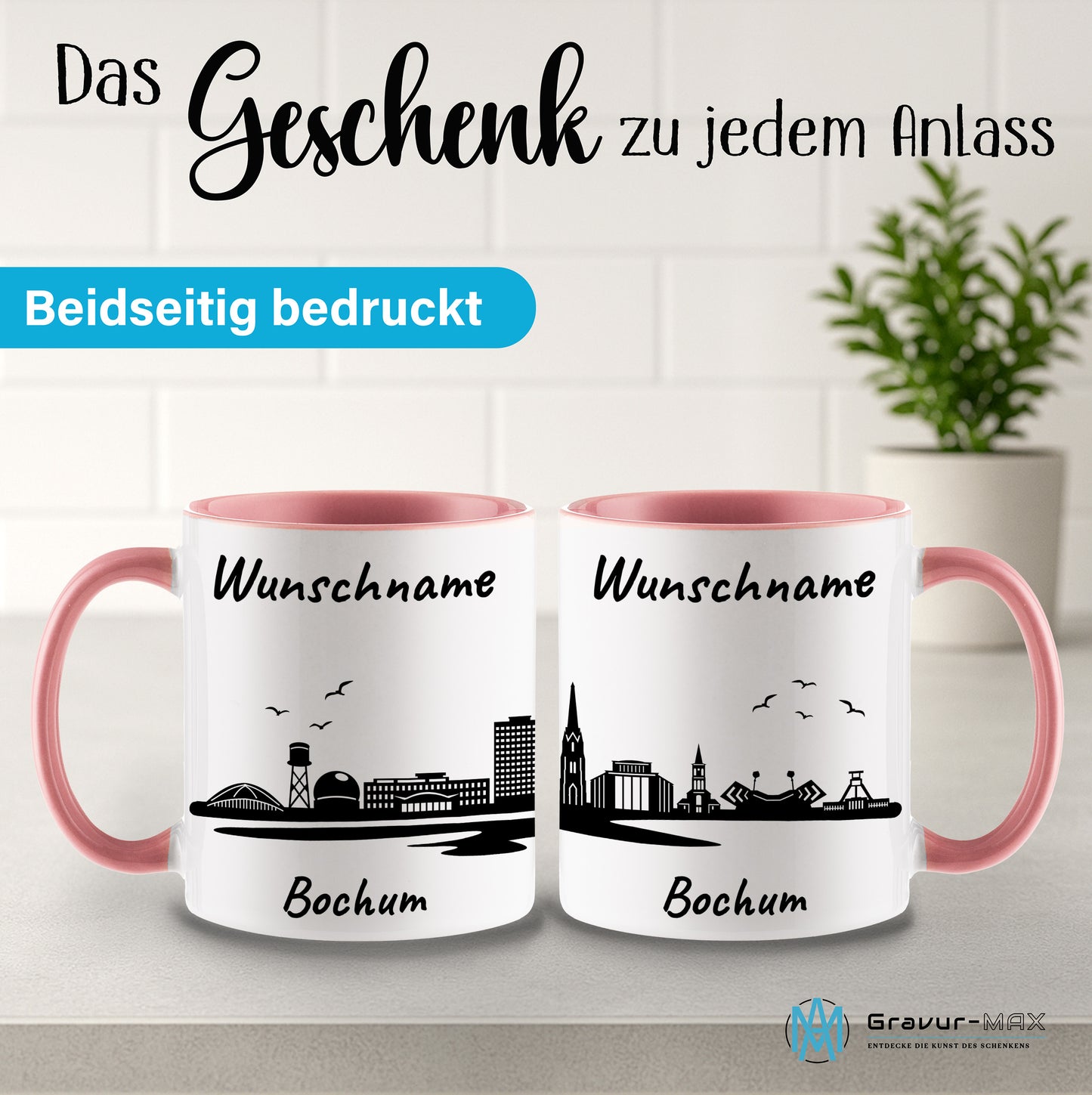 Tasse in Rosa 330ml bedruckt mit der Skyline von Bochum personalisierbar mit Wunschname