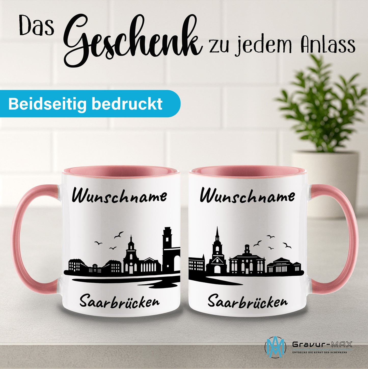 Tasse in Rosa 330ml bedruckt mit der Skyline von Saarbrücken personalisierbar mit Wunschname