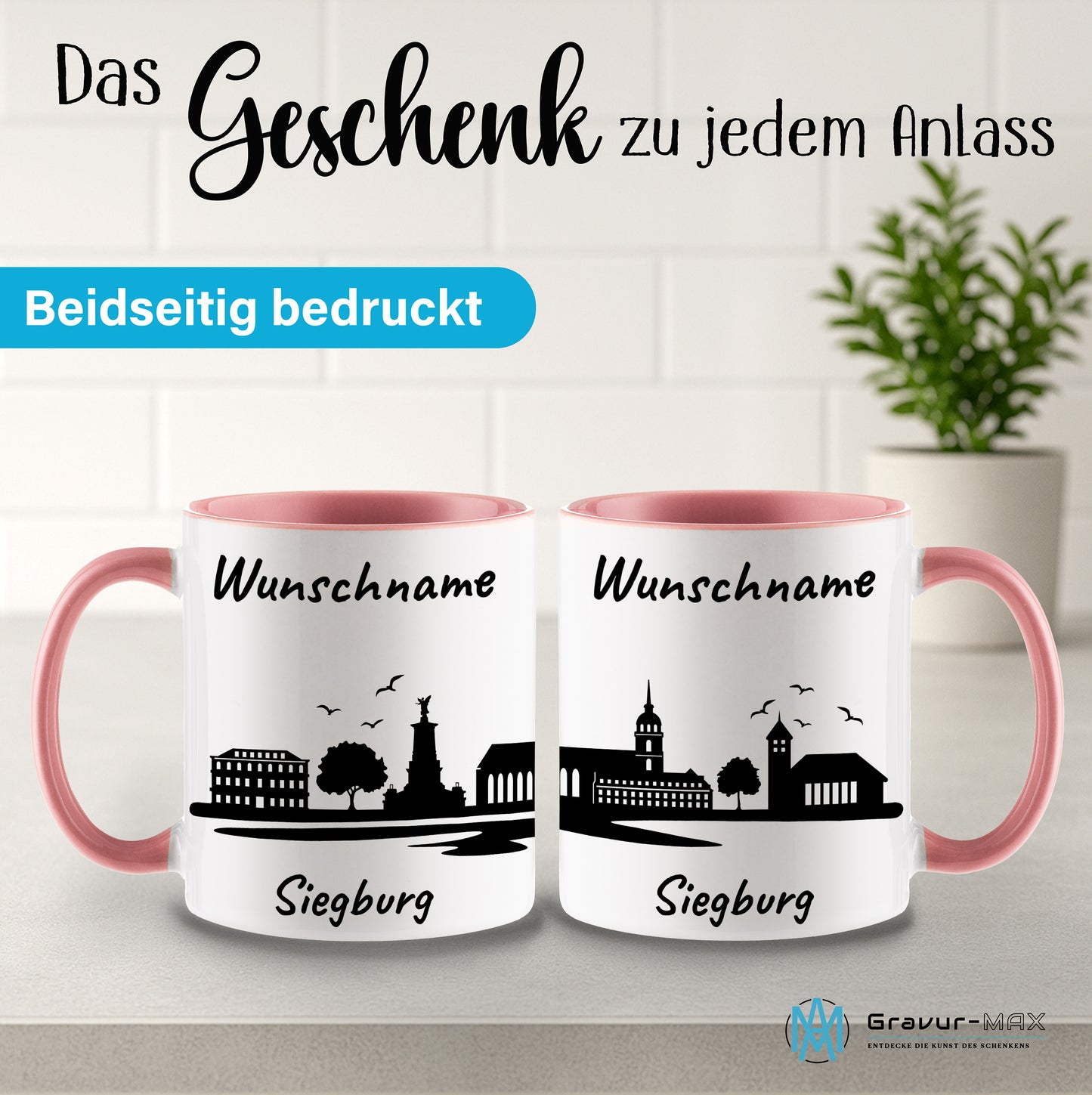 Tasse in Rosa 330ml bedruckt mit der Skyline von Siegburg personalisierbar mit Wunschname
