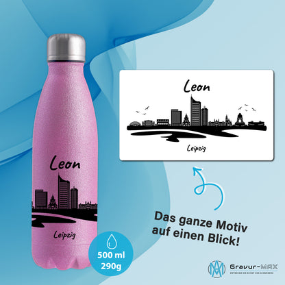 Glitzer Trinkflasche in Rosa 500ml aus Edelstahl bedruckt mit der Skyline von Leipzig personalisierbar mit Wunschname