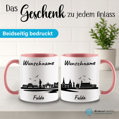 Tasse in Rosa 330ml bedruckt mit der Skyline von Fulda personalisierbar mit Wunschname