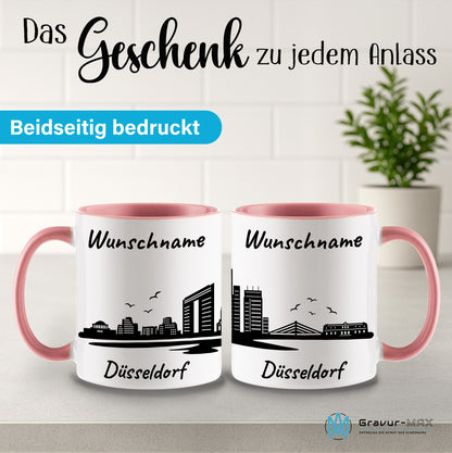 Tasse in Rosa 330ml bedruckt mit der Skyline von Düsseldorf personalisierbar mit Wunschname