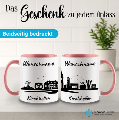 Tasse in Rosa 330ml bedruckt mit der Skyline von Kirchhellen personalisierbar mit Wunschname