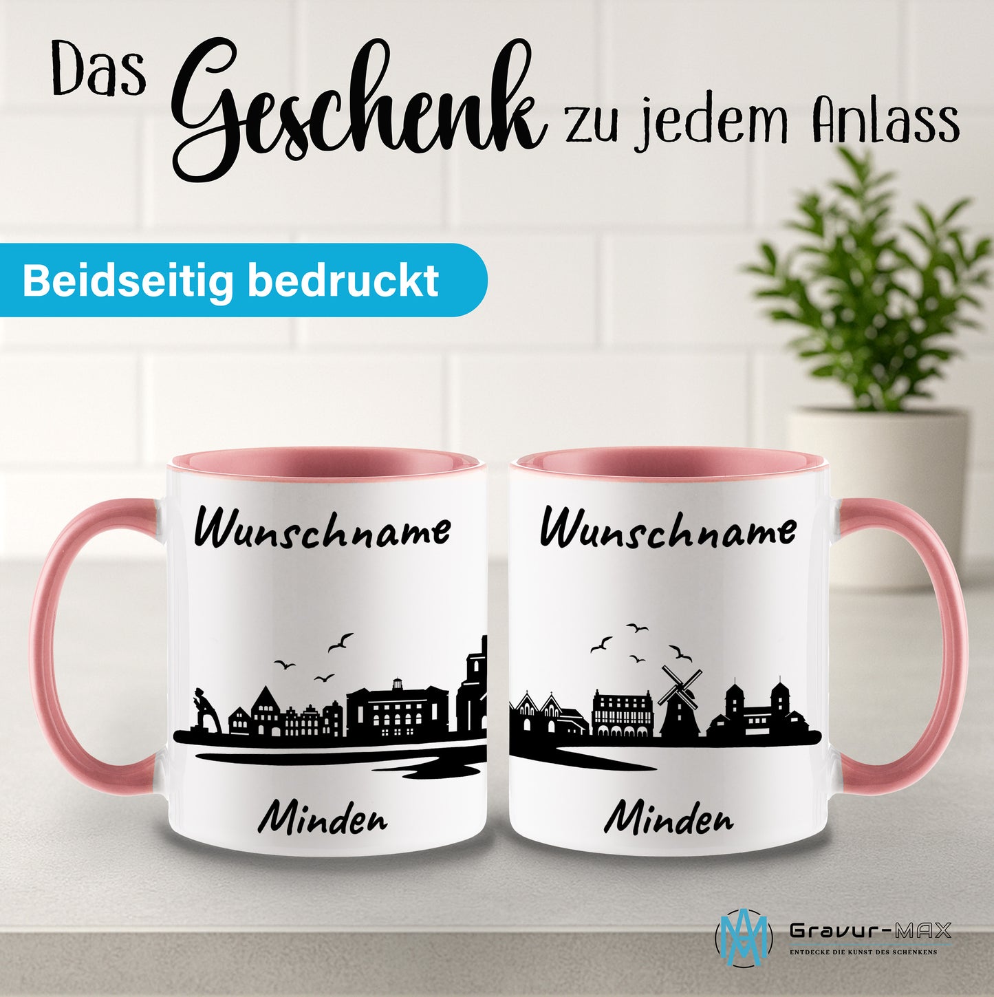Tasse in Rosa 330ml bedruckt mit der Skyline von Minden personalisierbar mit Wunschname