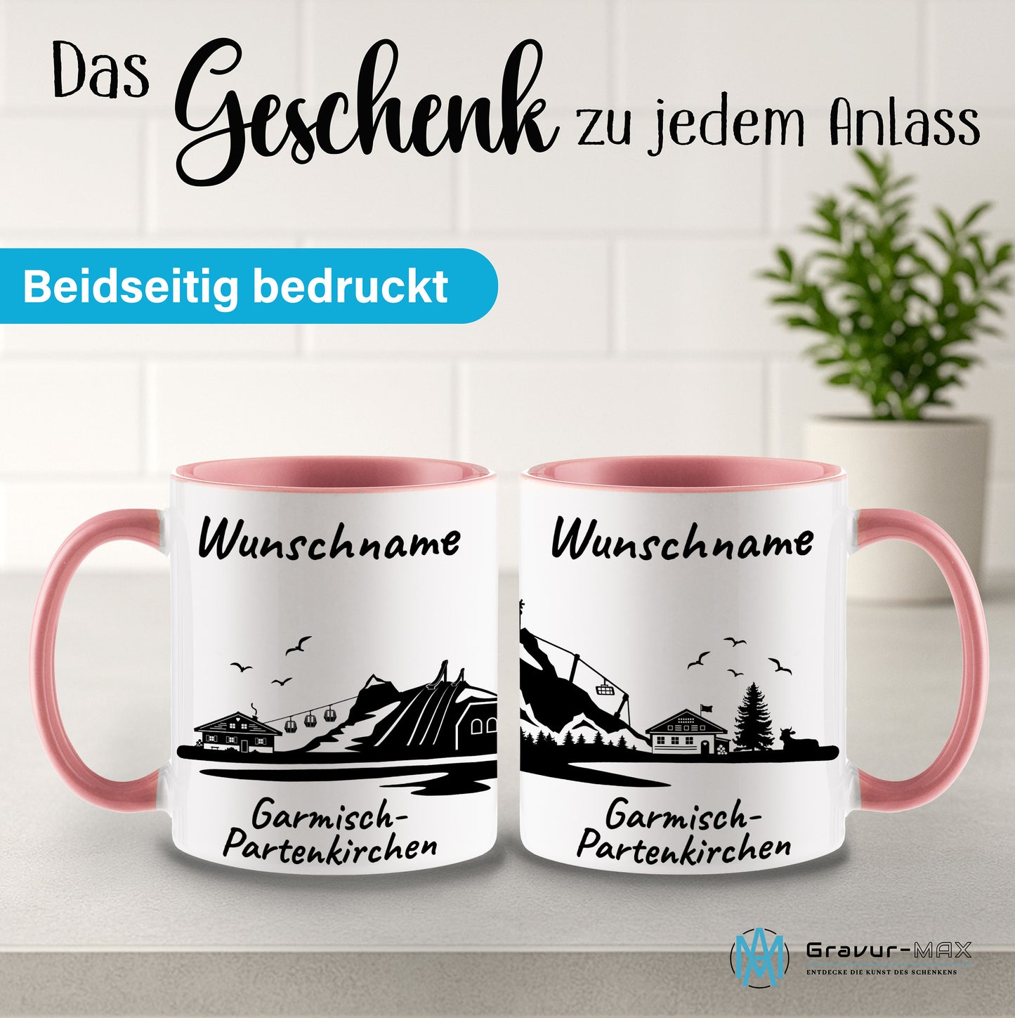 Tasse in Rosa 330ml bedruckt mit der Skyline von Garmisch-Partenkirchen personalisierbar mit Wunschname