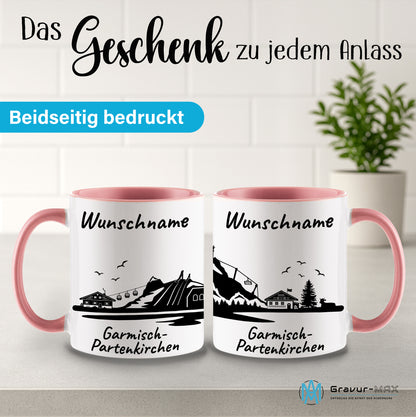 Tasse in Rosa 330ml bedruckt mit der Skyline von Garmisch-Partenkirchen personalisierbar mit Wunschname