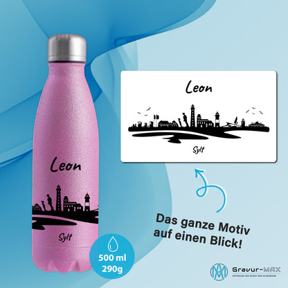 Glitzer Trinkflasche in Rosa 500ml aus Edelstahl bedruckt mit der Skyline von Sylt personalisierbar mit Wunschname