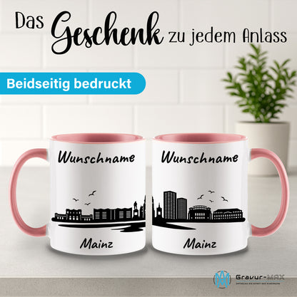 Tasse in Rosa 330ml bedruckt mit der Skyline von Mainz personalisierbar mit Wunschname