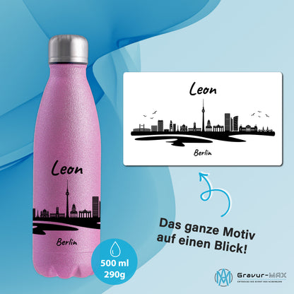 Glitzer Trinkflasche in Rosa 500ml aus Edelstahl bedruckt mit der Skyline von Berlin personalisierbar mit Wunschname