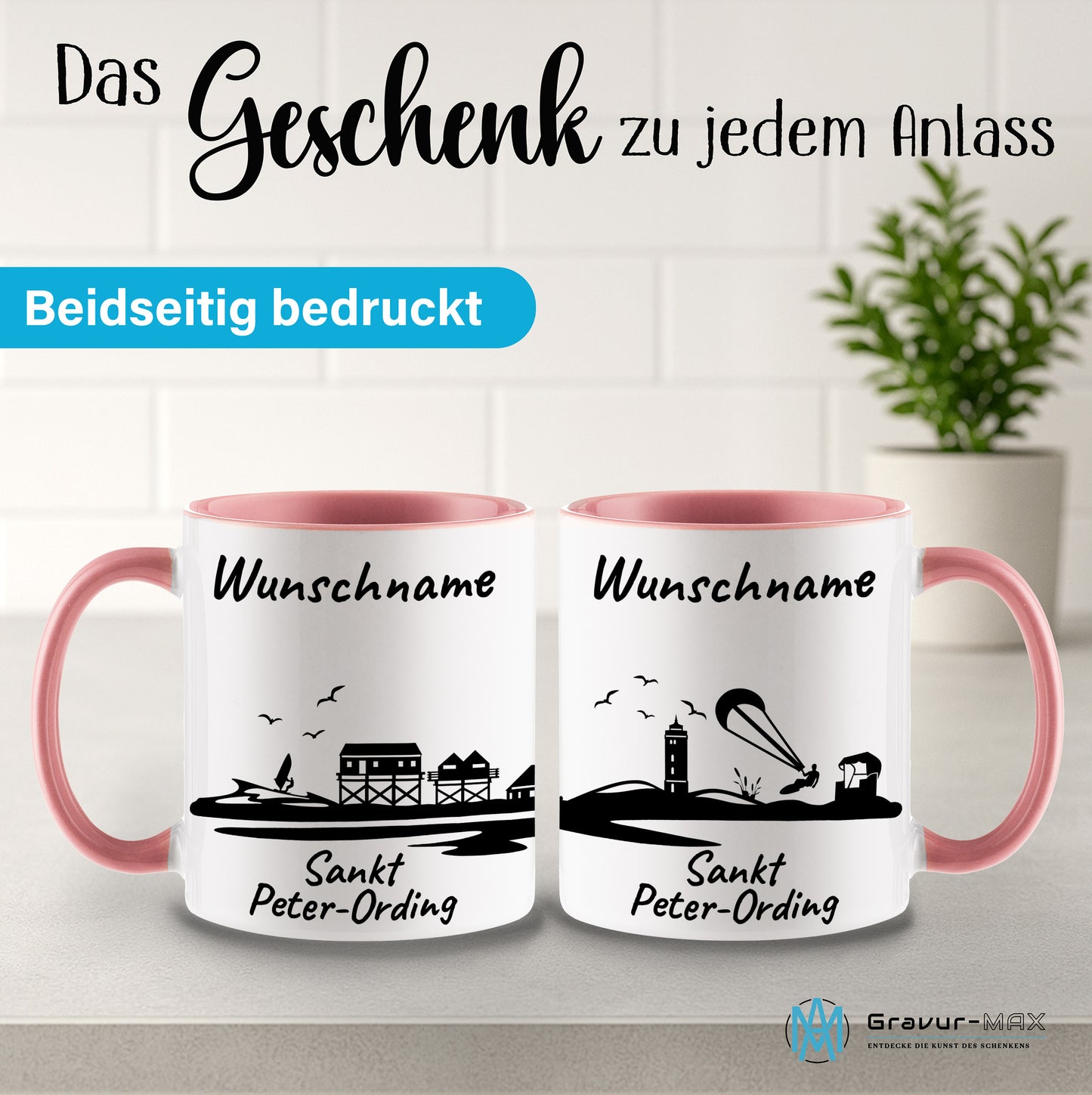 Tasse in Rosa 330ml bedruckt mit der Skyline von Sankt Peter-Ording personalisierbar mit Wunschname
