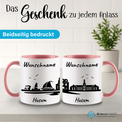 Tasse in Rosa 330ml bedruckt mit der Skyline von Husum personalisierbar mit Wunschname