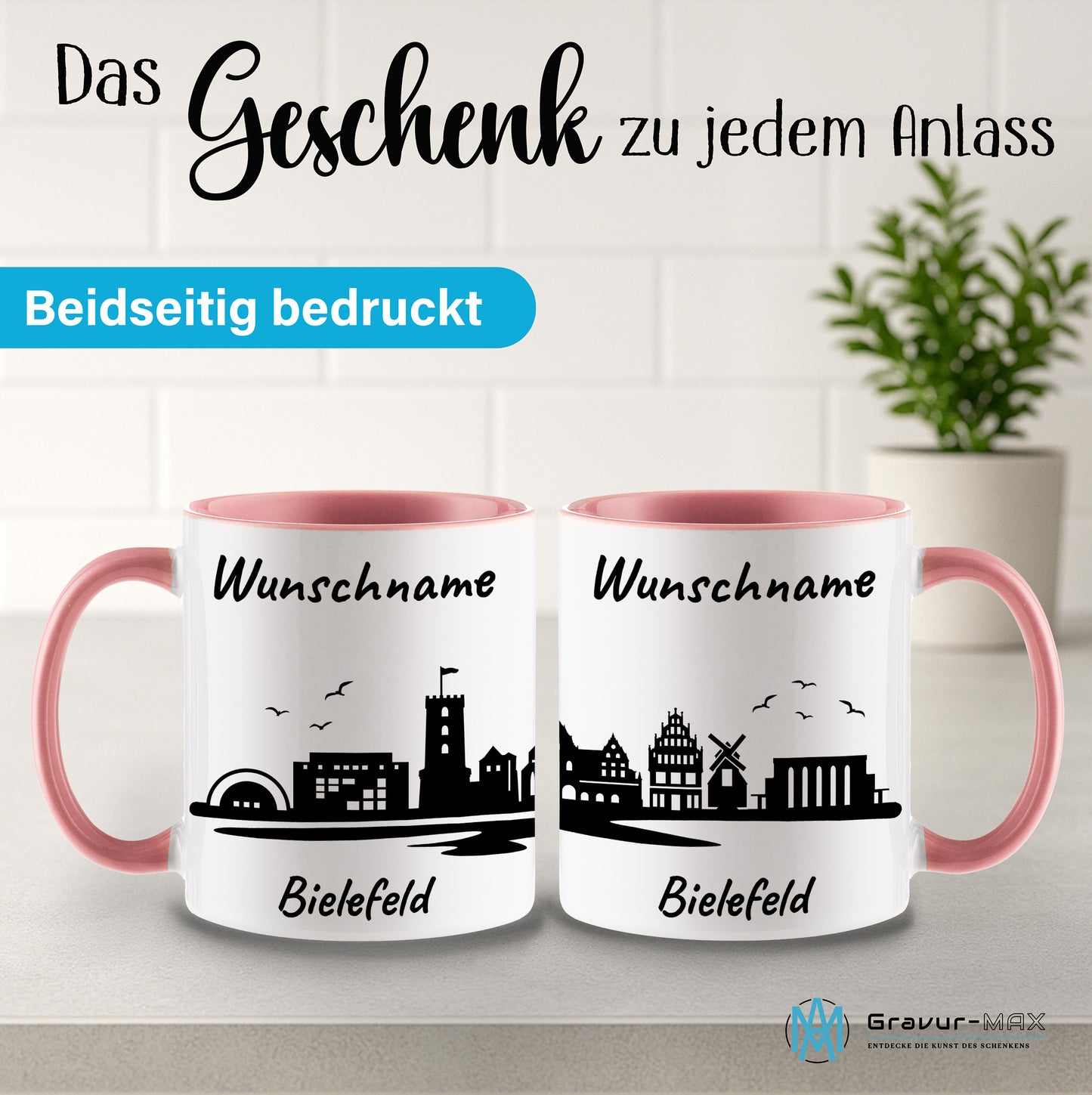 Tasse in Rosa 330ml bedruckt mit der Skyline von Bielefeld personalisierbar mit Wunschname