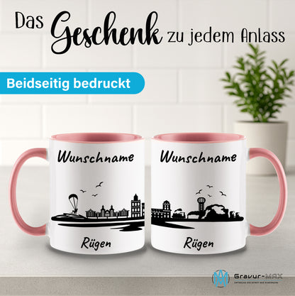 Tasse in Rosa 330ml bedruckt mit der Skyline von Rügen personalisierbar mit Wunschname
