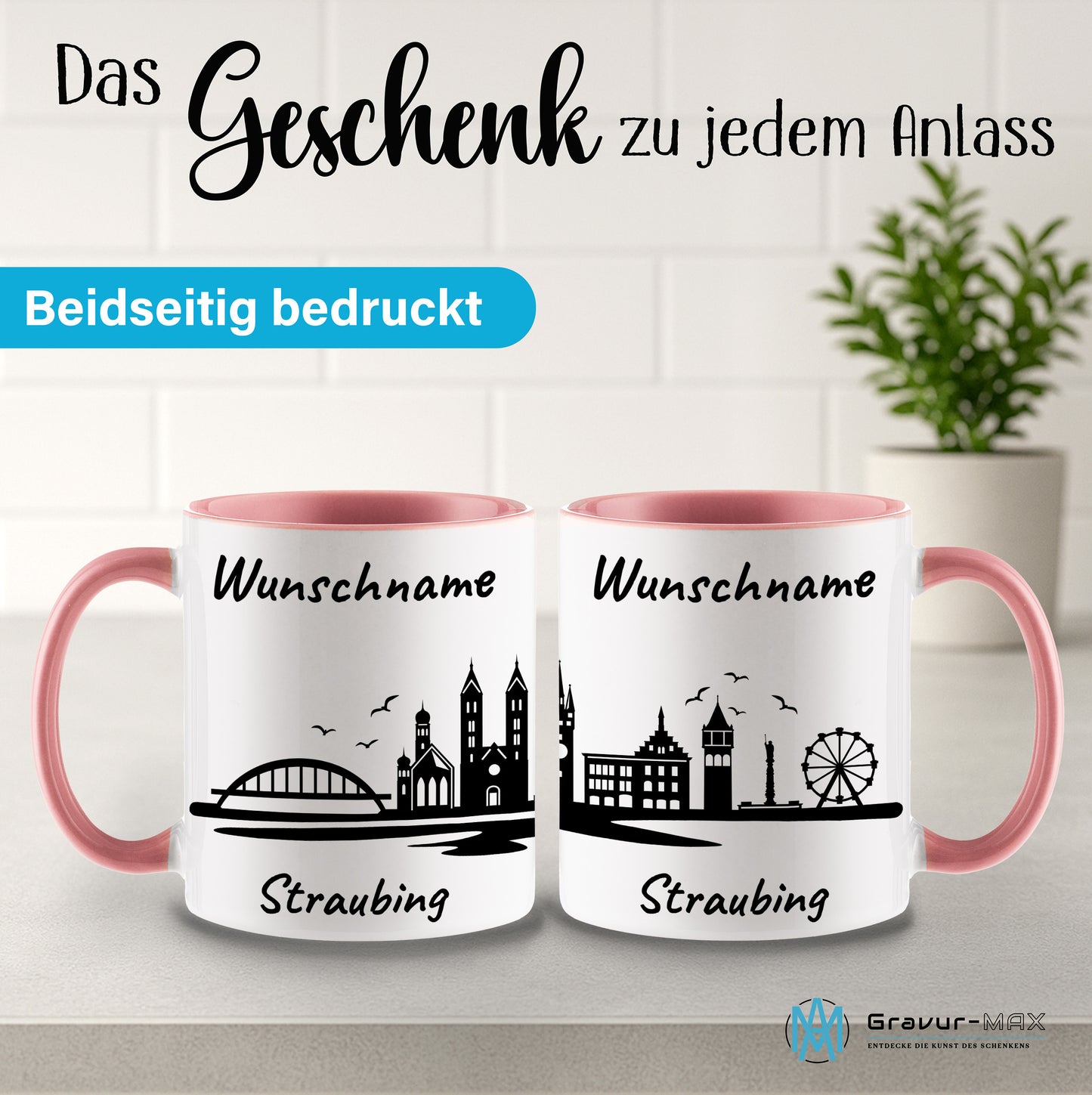 Tasse in Rosa 330ml bedruckt mit der Skyline von Straubing personalisierbar mit Wunschname