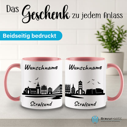 Tasse in Rosa 330ml bedruckt mit der Skyline von Stralsund personalisierbar mit Wunschname