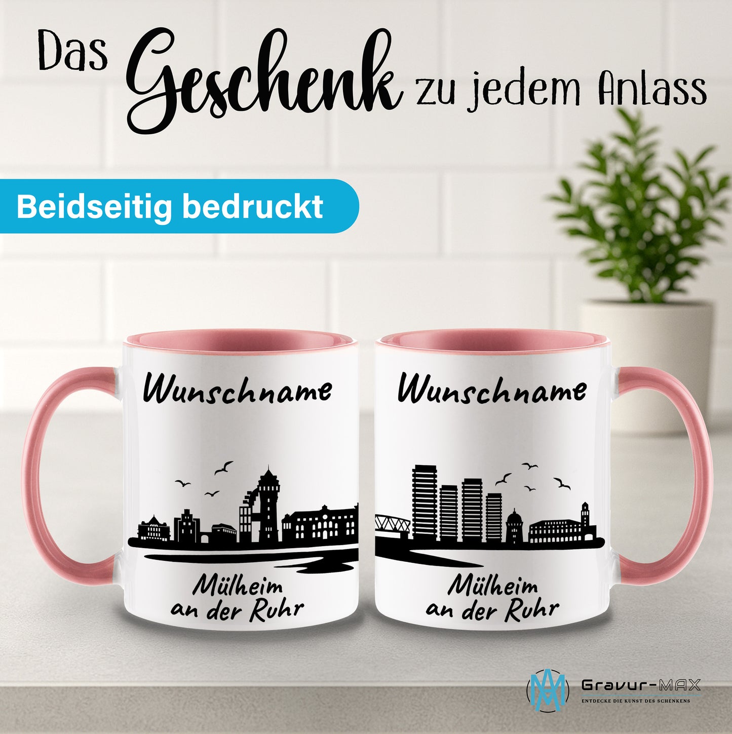 Tasse in Rosa 330ml bedruckt mit der Skyline von Mülheim an der Ruhr personalisierbar mit Wunschname