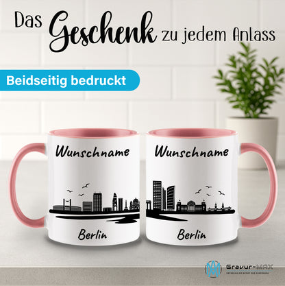 Tasse in Rosa 330ml bedruckt mit der Skyline von Berlin personalisierbar mit Wunschname