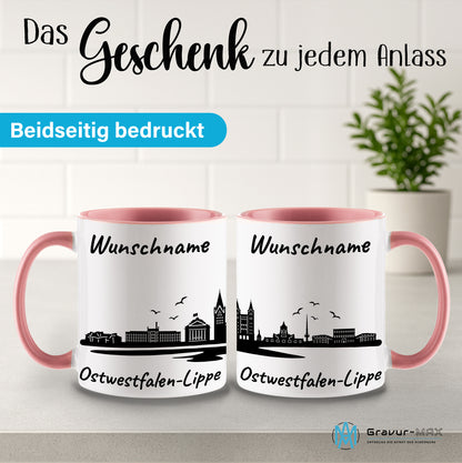 Tasse in Rosa 330ml bedruckt mit der Skyline von Ostwestfalen-Lippe personalisierbar mit Wunschname