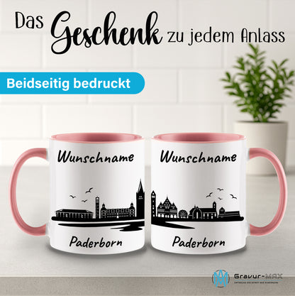 Tasse in Rosa 330ml bedruckt mit der Skyline von Paderborn personalisierbar mit Wunschname