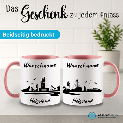 Tasse in Rosa 330ml bedruckt mit der Skyline von Helgoland personalisierbar mit Wunschname
