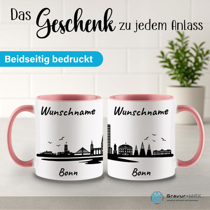 Tasse in Rosa 330ml bedruckt mit der Skyline von Bonn personalisierbar mit Wunschname