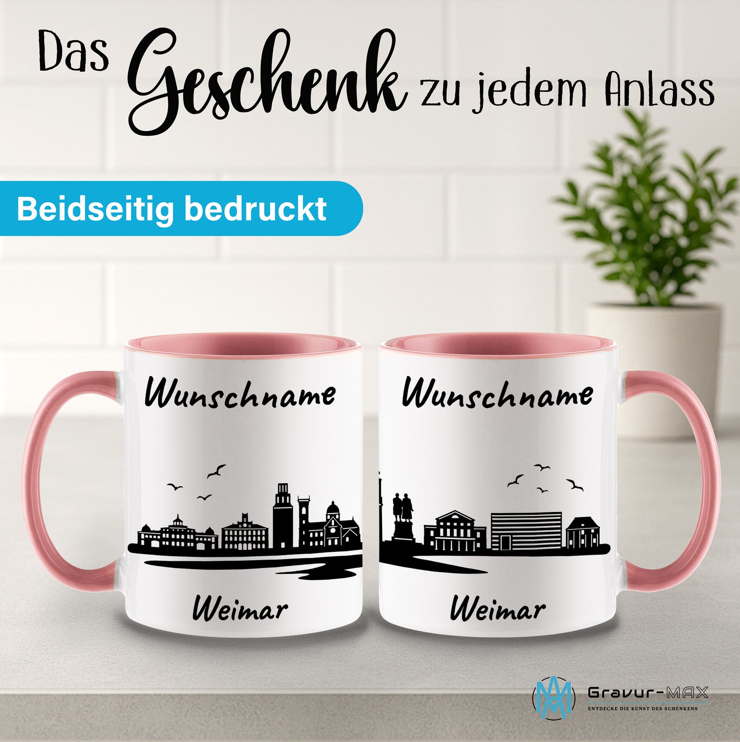 Tasse in Rosa 330ml bedruckt mit der Skyline von Weimar personalisierbar mit Wunschname