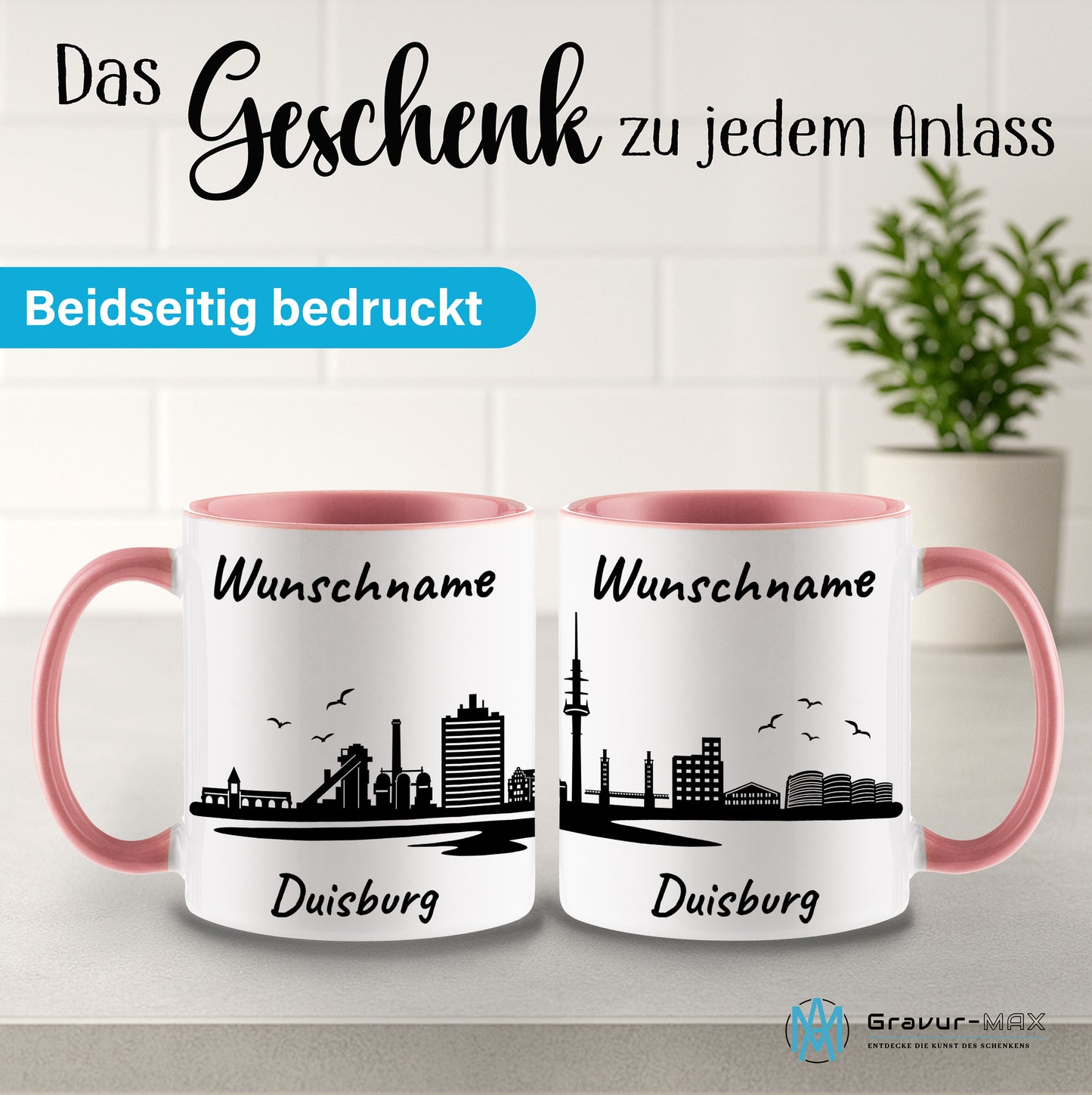 Tasse in Rosa 330ml bedruckt mit der Skyline von Duisburg personalisierbar mit Wunschname