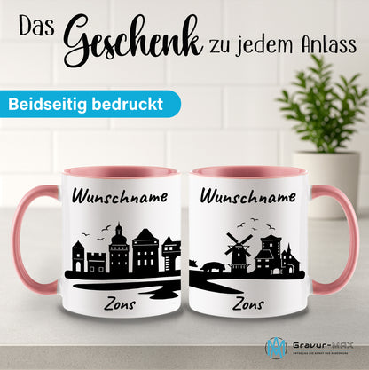 Tasse in Rosa 330ml bedruckt mit der Skyline von Zons (Dormagen) personalisierbar mit Wunschname