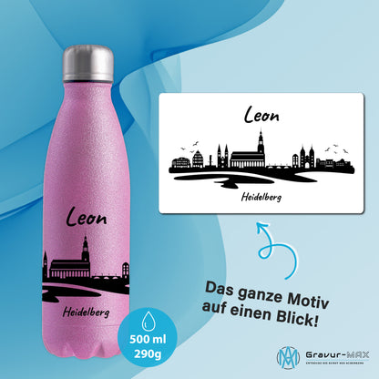 Glitzer Trinkflasche in Rosa 500ml aus Edelstahl bedruckt mit der Skyline von Heidelberg personalisierbar mit Wunschname