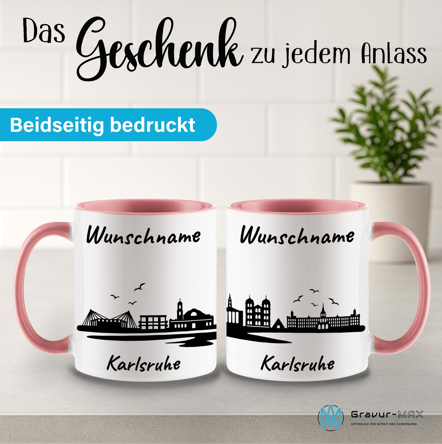 Tasse in Rosa 330ml bedruckt mit der Skyline von Karlsruhe personalisierbar mit Wunschname