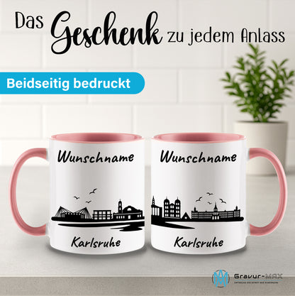 Tasse in Rosa 330ml bedruckt mit der Skyline von Karlsruhe personalisierbar mit Wunschname