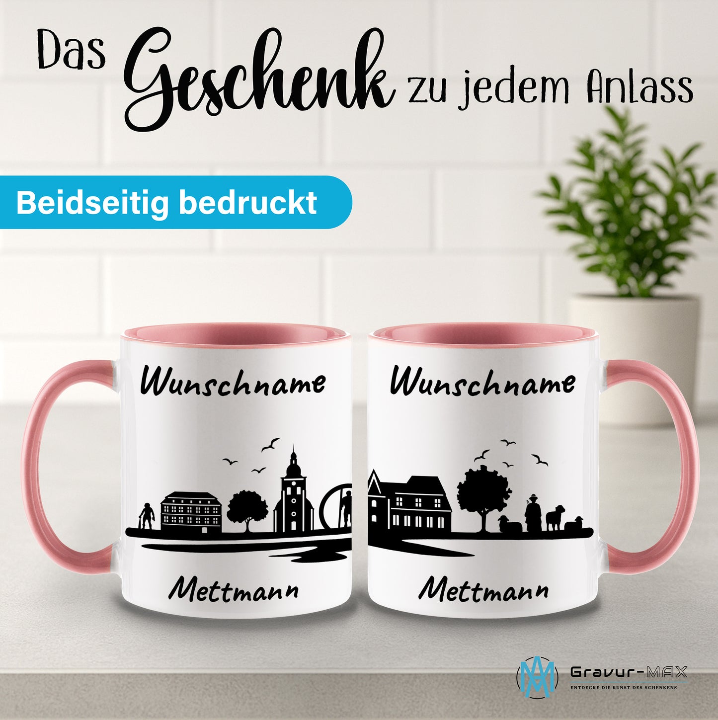 Tasse in Rosa 330ml bedruckt mit der Skyline von Mettmann personalisierbar mit Wunschname