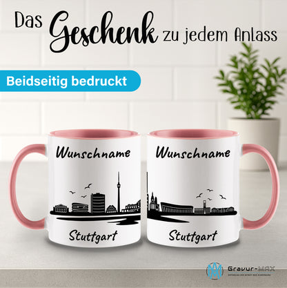 Tasse in Rosa 330ml bedruckt mit der Skyline von Stuttgart personalisierbar mit Wunschname