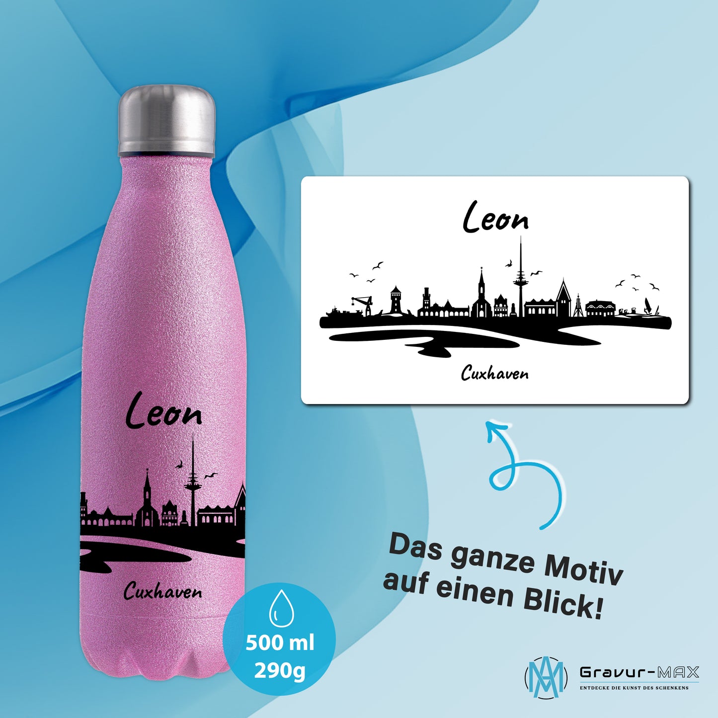 Glitzer Trinkflasche in Rosa 500ml aus Edelstahl bedruckt mit der Skyline von Cuxhaven personalisierbar mit Wunschname