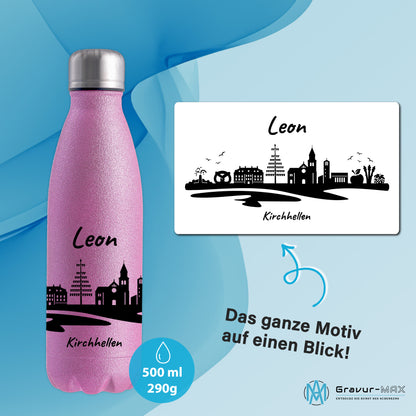 Glitzer Trinkflasche in Rosa 500ml aus Edelstahl bedruckt mit der Skyline von Kirchhellen personalisierbar mit Wunschname