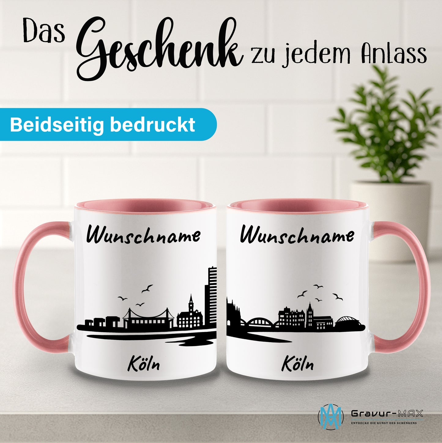 Tasse in Rosa 330ml bedruckt mit der Skyline von Köln personalisierbar mit Wunschname